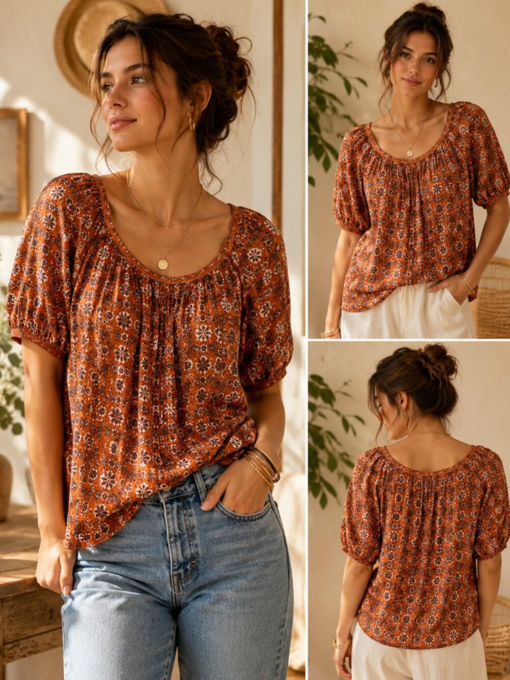 Max Studio London Cottagecore Boho Peasant Blouse Orange Puff Sleeve Top Size S